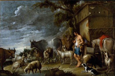 コルネリス・デ・ワエル（1592-1667）の絵画、1630-1639年頃の作品。フランドル美術。放蕩息子の物語：豚の番人。豚、ベリエ、ヤギ、牛、ヤギ、馬、犬、羊を連れた群れの番人。キャンバスに油彩。寸法：57x86cm。個人コレクション、Genes 作： Cornelis de Wael