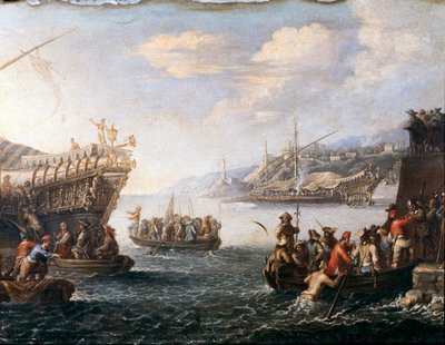 ゲノツ港でトルコ軍と戦うために乗船する兵士たち（絵画 作： Cornelis de Wael