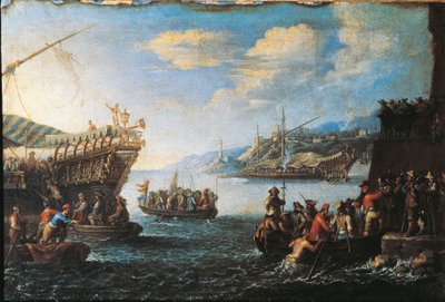 ジェノバ港でガレー船に乗り込む兵士たち 作： Cornelis de Wael