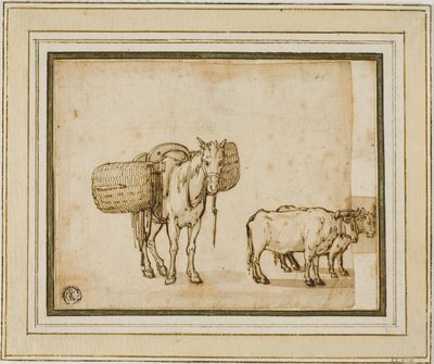 スケッチ2点：バスケットを運ぶラバ、横たわった牛のペア 作： Cornelis de Wael