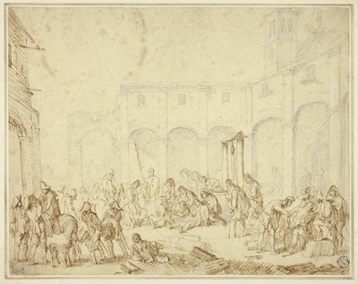 タウンスクエアの中庭で負傷した兵士たち 作： Cornelis de Wael