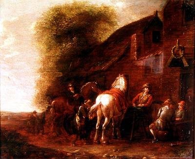 村の宿屋の外にいる騎手たち 作： Cornelis van Essen