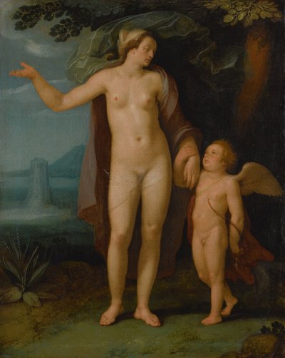 オランダ語：ヴィーナスとキューピッド 風景の中のヴィーナスとキューピッド 作： Cornelis van Haarlem