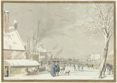 スケーターがいる凍った都市運河 作： Cornelis van Noorde