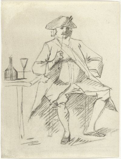 テーブルに座ってパイプを持つ男 作： Cornelis van Noorde