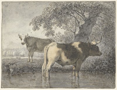 水辺の木の下で 2 頭の牛 作： Cornelis van Noorde