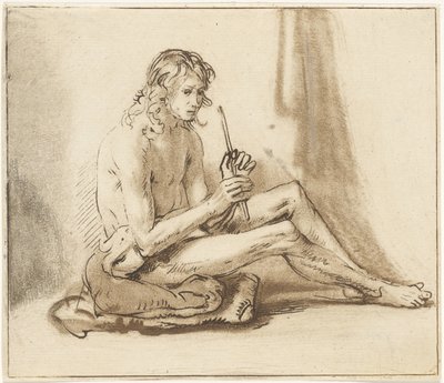 フルートを持って座っている裸の男 作： Cornelis van Noorde