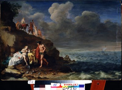 ナクソス島のディオニュソスとアリアドネ。 （ナクソス島のバッカスとアリアドネ）。 Cornelis Van Poelenburgh (1594/95-1667) による絵画、木に油彩。 オランダのバロック様式の芸術。 国立野外博物館パブロフスク宮殿、サンクトペテルブルク。 作： Cornelis van Poelenburgh