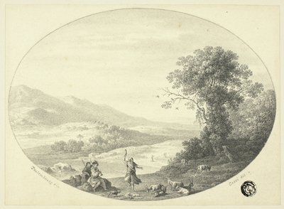 ダンサー、ミュージシャン、ヤギのいるイタリア風の風景 作： Cornelis van Poelenburgh