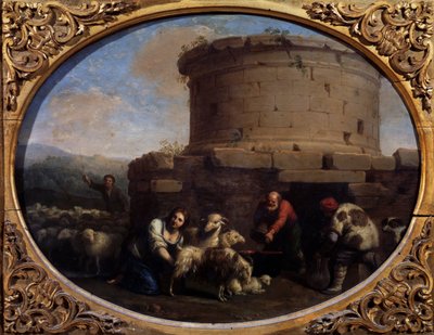 ローマの噴水での羊飼い、群れ、農民（キャンバスに油彩） 作： Cornelis van Poelenburgh