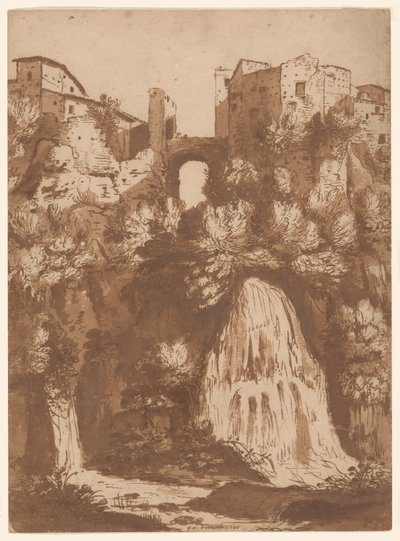 アニオの滝に架かる橋のあるチボリの眺め 作： Cornelis van Poelenburgh
