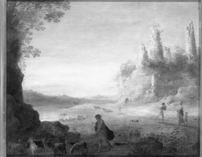 台無しにされた城の近くのひょうたんとダイアナとカリストのイタリア風の風景 作： Cornelis van Poelenburgh or Poelenburch