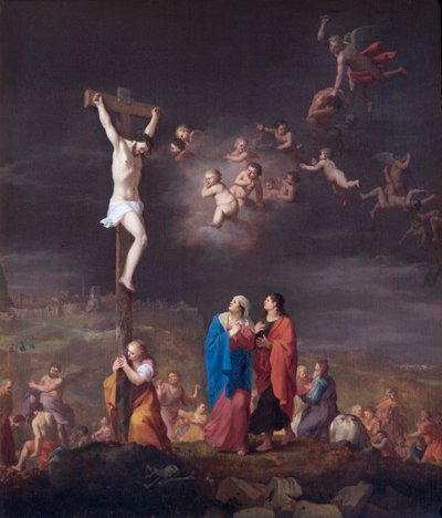 磔刑、反乱天使の堕落（オークパネルに油彩） 作： Cornelis van Poelenburgh or Poelenburch