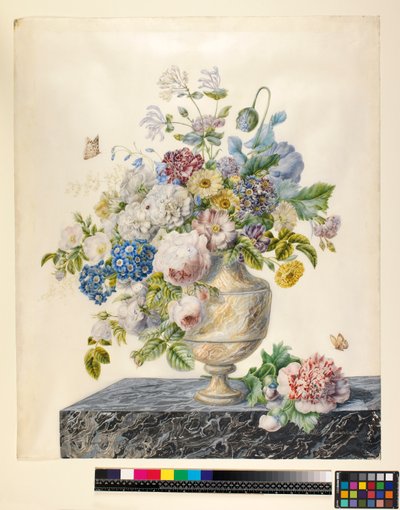大理石の棚にある混合花の大理石の花瓶、1800年頃 作： Cornelis van Spaendonck