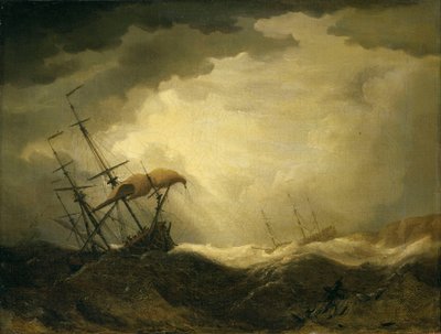 大波の中、岩場に打ち寄せる船（油彩・キャンバス） 17世紀後半 作： Cornelis van de Velde