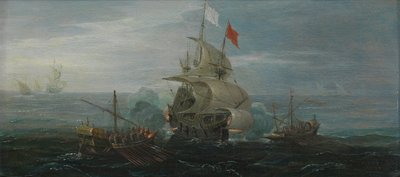 フランス船とバーバリ海賊 1615年頃 オークパネルに油彩 作： Cornelius Bol