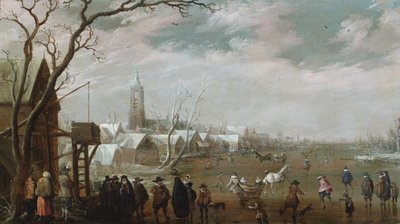 氷の上に人影が浮かぶ冬の村の風景 作： Cornelius Droochsloot