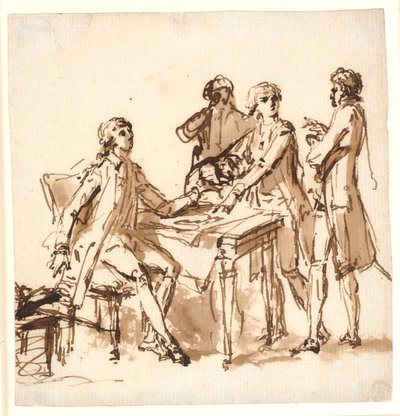 テーブルを囲んで 4 人の男性がプロジェクトについて話し合っています。 作： Cornelius Høyer