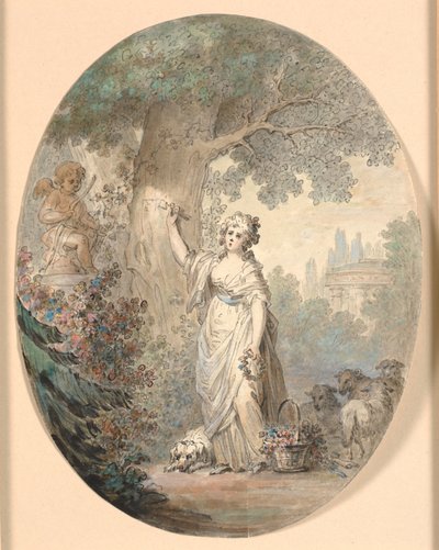 木に看板を彫る羊飼い 作： Cornelius Høyer