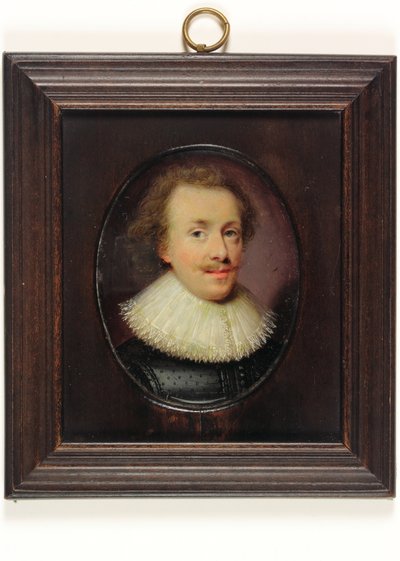 黒のダブレットにレースのついたラフトを下げた紳士（水彩・ベラム 作： Cornelius I (attr.to) Johnson