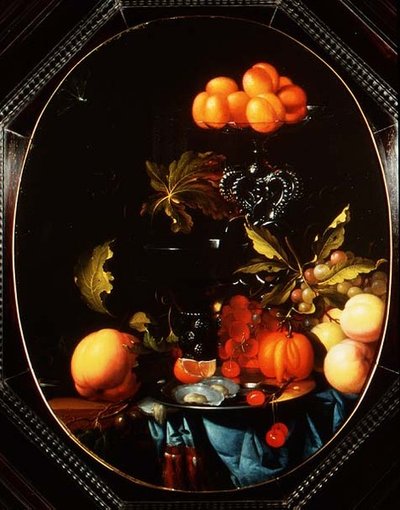 カボチャ、果物、牡蠣のある静物画 作： Cornelius Janssen van Ceulen