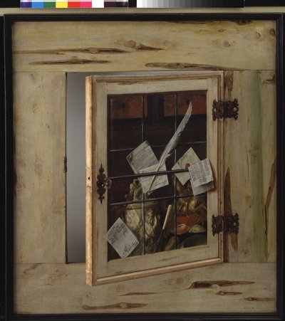 だまし絵。 象牙のタンカードを備えた珍品のキャビネット 作： Cornelius Norbertus Gijsbrechts
