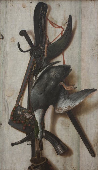 死んだアヒルと狩猟道具を使っただまし絵 作： Cornelius Norbertus Gijsbrechts