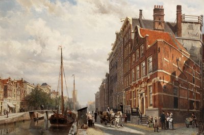 1883年、アムステルダムのニーウェジズフォールブルクワルにあるMakelaers Comptoirの眺め 作： Cornelis Springer