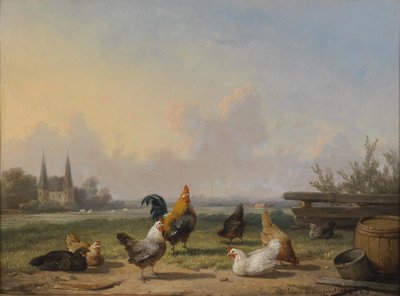 広い風景の前の鶏 作： Cornelius Van Leemputten