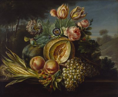 果物と花のある静物、1824年。 作： Cornelius de Beet