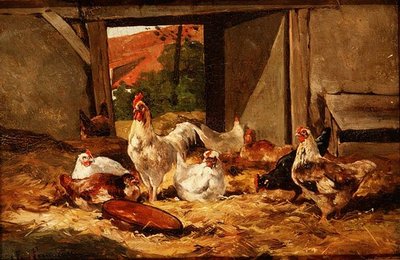 納屋の中のニワトリ（ペアの1つ 作： Cornelius van Leeputten