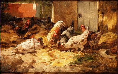 納屋の中のニワトリ（ペアの1つ） 作： Cornelius van Leeputten