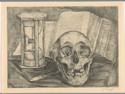 頭蓋骨、砂時計、本、ナイフのある静物 作： Corrie Pabst (signed by artist)
