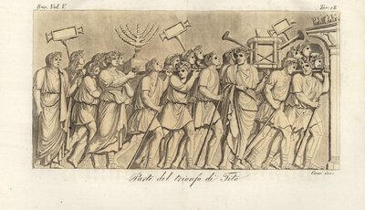 ティトゥス皇帝のエルサレムに対する勝利を祝う凱旋門であるティトゥスの凱旋門で、戦争の戦利品またはスポリアを持って行進するローマの兵士 作： Corsi Corsi