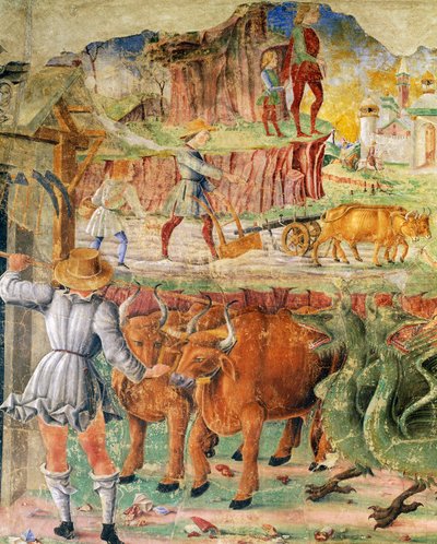 農業写真、セレスの凱旋の詳細、1470 年頃の 8 月の場面、コジモ トゥーラ作、エルコレの巨匠、フレスコ画、北壁、月の館、パラッツォ スキファノイア (喜びの宮殿)、フェラーラ、エミリア- ロマーニャ。 イタリア 作： Cosimo (attr. to) Tura