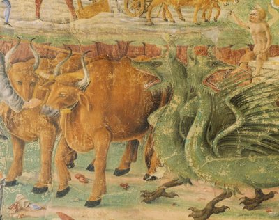 ドラゴンと田園生活のイメージ、セレスの凱旋の詳細、8 月の場面、コジモ トゥーラ (1430-1495 年頃) とエルコレのマスター、フレスコ画、北壁、月の館、パラッツォ スキファノイア (喜びの宮殿) 、フェラーラ、イタリア、1470年頃 作： Cosimo (attr. to) Tura