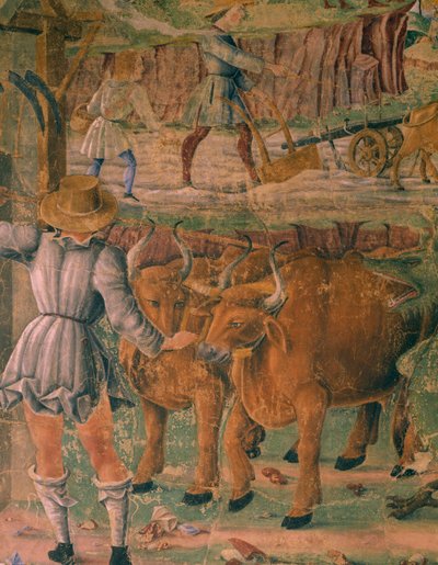 田舎暮らしの写真、セレスの凱旋の詳細、8 月のシーン、コジモ トゥーラ (1430-1495 年頃) とエルコレのマスター、フレスコ画、北壁、月の間のホール、パラッツォ スキファノイア (喜びの宮殿)、フェラーラ 、イタリア、1470年頃 作： Cosimo (attr. to) Tura