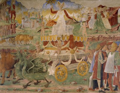セレスの勝利、8 月のシーン、コジモ トゥーラ (1430-1495 年頃) とエルコレのマスター、フレスコ画、北壁、月の間のホール、パラッツォ スキファノイア (喜びの宮殿)、フェラーラ、ディテール、イタリア、1470 年頃 作： Cosimo (attr. to) Tura