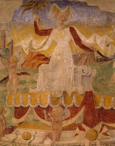 セレスの勝利、8 月のシーン、コジモ トゥーラ (1430-1495 年頃) とエルコレのマスター、フレスコ画、北壁、月の間のホール、パラッツォ スキファノイア (喜びの宮殿)、フェラーラ、ディテール、イタリア、1470 年頃 作： Cosimo (attr. to) Tura