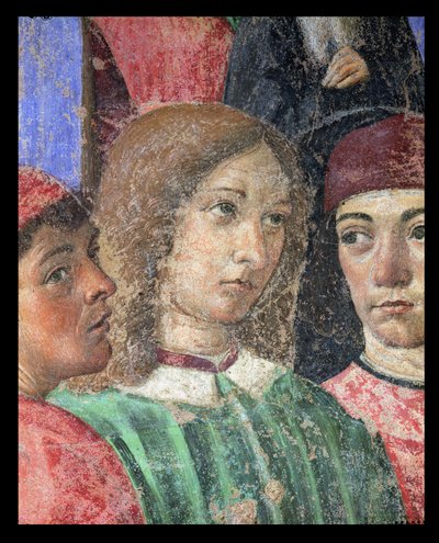 サンアンブロージョ教会前の司教の行列、ポリツィアーノ1454-94ピコデッラミランドラ1463-94およびマルシリオフィチーノ1433-99 1468フレスコ画の詳細 作： Cosimo Rosselli