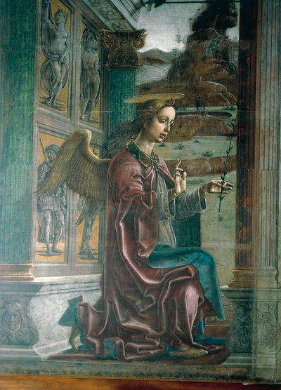 受胎告知、フェラーラ大聖堂のオルガン・シャッター・ウッド、コズメ・トゥラ（1430-1495年頃）作、テンペラ、キャンバス、349x305cm、詳細 作： Cosimo Tura