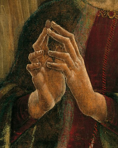 受胎告知、フェラーラ大聖堂のオルガン・シャッター・ウッド、コズメ・トゥラ（1430-1495年頃）作、テンペラ、キャンバス、349x305cm、詳細 作： Cosimo Tura