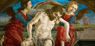 ルネサンス期：天使に囲まれたキリストの遺体（トゥラ、コジモ（1431年以前～1495年）、1465年頃木に油彩、44,4x86mm。ヴィエンヌの美術史博物館 作： Cosimo Tura