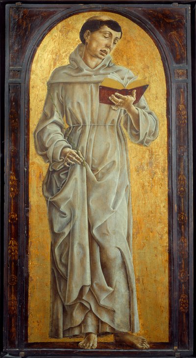 読書するパドヴァの聖アントニウス（san antonio di padova） 木版画 コスメ・トゥラ（1430-1495）の作品 日。0.71×0.31m 作： Cosimo Tura