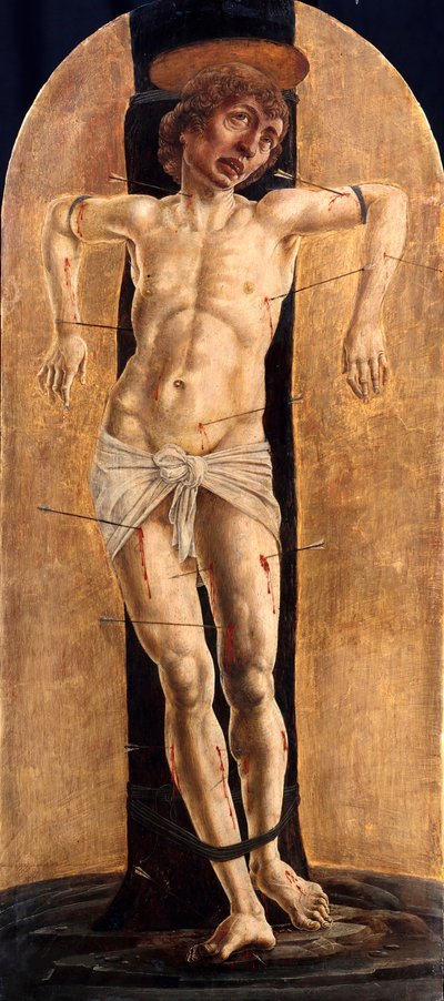 "Saint Sebastien" (聖セバスティアン) Peinture de Cosme (Cosimo) Tura (avant 1431-1495), ca 1484 - 木に油彩, 75x33 - Staatliche Museen, Berlin 作： Cosimo Tura