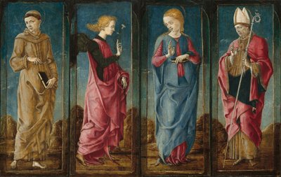 トゥールーズの聖フランシスと聖ルイとの受胎告知[4つのパネル]、c。 14701480。 作： Cosmè Tura