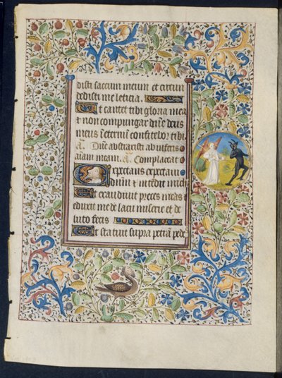 『時間の書』の葉っぱ：天使が悪魔の直腸と2人の悪魔を追うc。 1460。 作： Coëtivy Master
