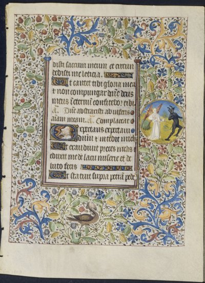 『時間の書』の葉っぱ：悪魔の直腸を追いかける天使、c。 1460。 作： Coëtivy Master