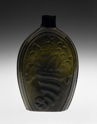 図柄入りフラスコ、おそらく1820年代（非鉛ガラス 作： Coventry Glass Works