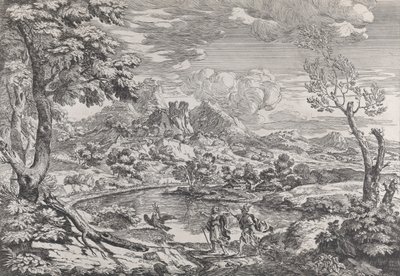 木星のワシであるマーキュリーを見せる男性のいる風景、カリフォルニア州。 1695-99。 作： Crescenzio Onofri